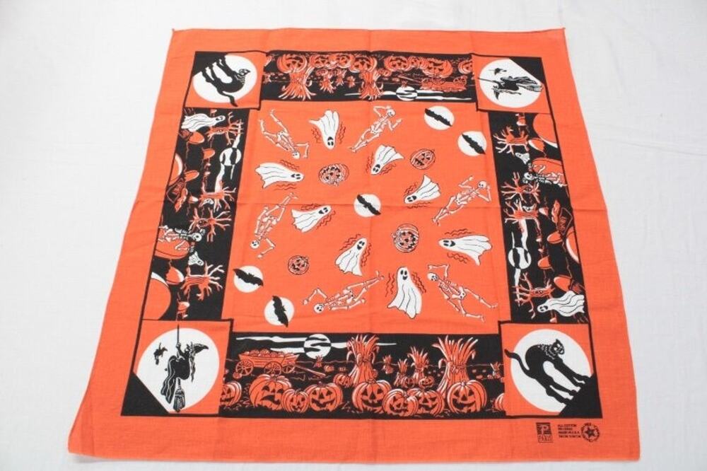 NWOT Vintage Paris Halloween Bandana Cotton Scarf USA Cat Ghost Orange Black